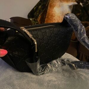 Elegant Embossed BlackTextured Women's Crossbody bag, Belt Bag
